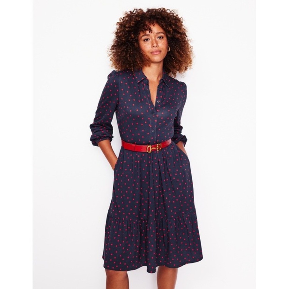Boden Jemima Tiered Jersey Dress Blue Red‎ Polka Dots Size 2R